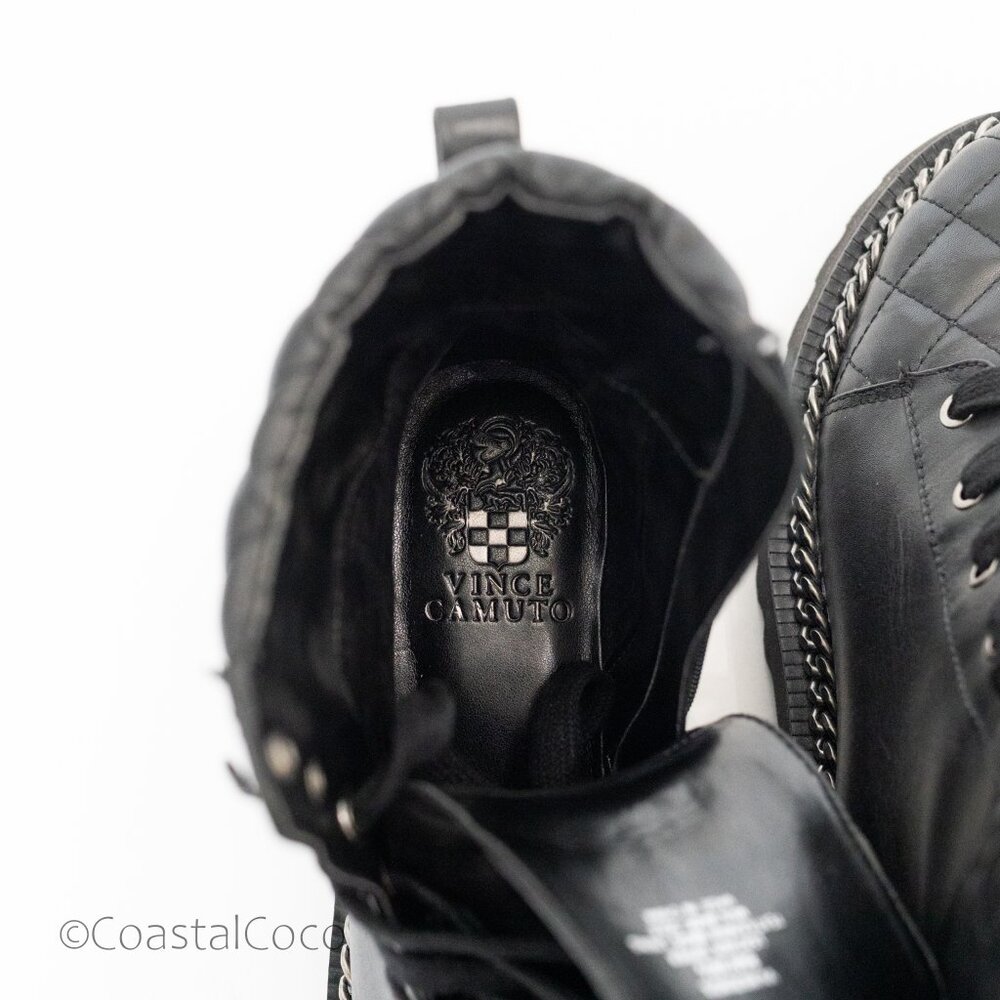 Vince Camuto Merindil Leather Combat Boots 8.5 Black Quilted Metal Chain Chunky - Picture 11 of 13